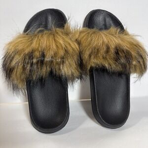 Brown Soft Faux Fur Slides Sandals Slippers Size 44 (women's 11.5 Men's 10.5)